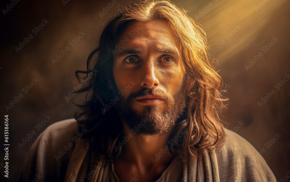 Close up portrait of Jesus Christ illuminated by divine rays of light Close up portrait of Jesus Christ illuminated by divine rays of light