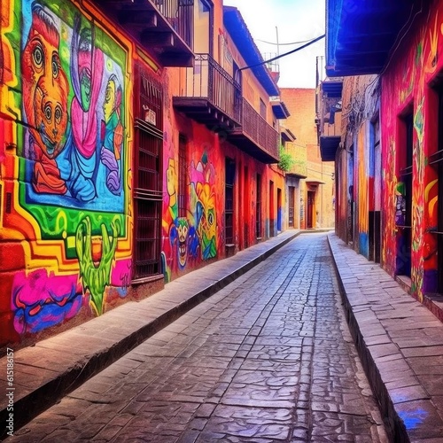 Colorful street in an old town - Generative AI © Engaging Art Designs