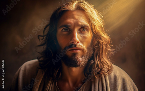 Close up portrait of Jesus Christ illuminated by divine rays of light