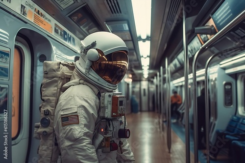 A man in a spacesuit riding the subway. Astronaut in the urban environment. Generative AI.  © Olena Druz