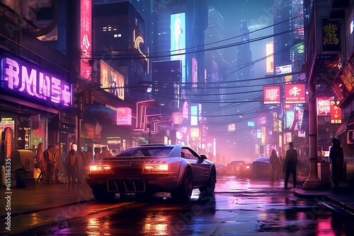 Cyberpunk auto in the background of the crowded megapolis with lots of neon lights. Generative AI. 