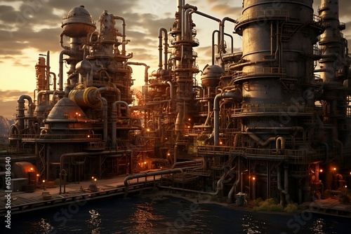 Evening view of steampunk plant, factory. Concept of industrial future. Generative AI. © Olena Druz