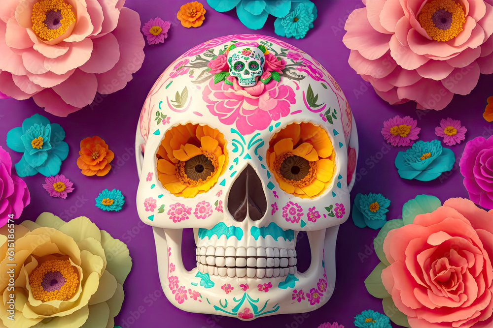 Human skull in flowers,Day of the dead celebration background, ai generative