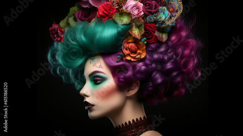A woman with green and purple hair and flowers in her hair Generative Ai
