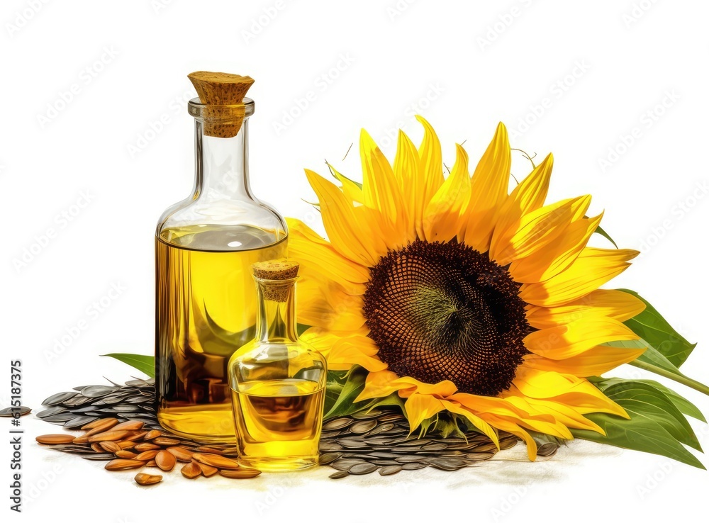 Sunflower oil, seeds and flower isolated on white background. Created with Generative AI technology. Sunflower oil, seeds and flower isolated on white background. Created with Generative AI technology.