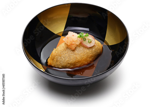 soba-gaki no agedashi, crispy fried buckwheat dumpling with dashi-based sauce. Japanese soba cuisine photo