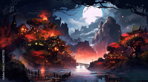 anime scenery art illustration, fantasy mood, elven village big tree trunk town, Generative Ai