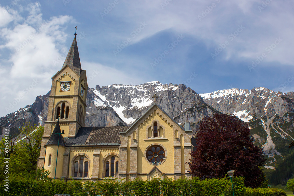 Landscape in the Austrian Alps of the Dachstein region (Styria in Austria) - church in Ramsau