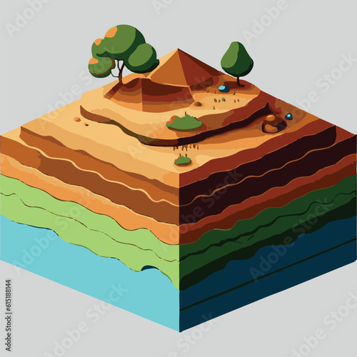 Illustration of an Isometric Landscape with Trees and Mountains in the Background