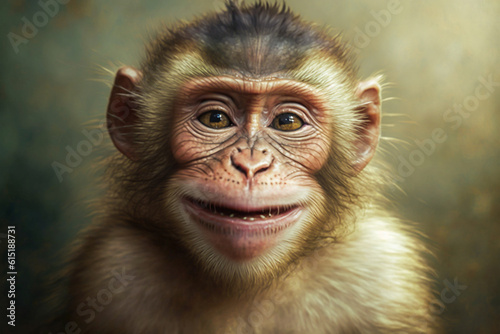 Portrait of realistic and adorable child monkey with smile Illustration. Closeup funny smiling animal face. Hilarious, humorous, entertaining animals, Heartwarming concept. Made with Generative AI