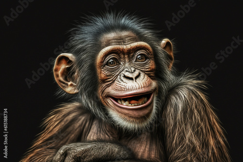 Portrait of realistic and adorable monkey with smile Illustration. Closeup funny smiling animal face. Hilarious, humorous, entertaining animals, Heartwarming concept. Made with Generative AI © Koshiro
