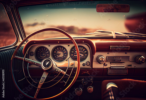 Dashboard and steering wheel of an old fashioned car. Style, car interior 50-60 years. AI generated.