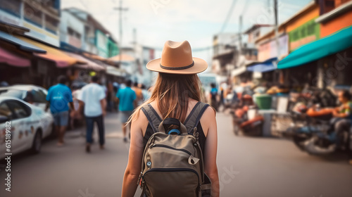 Fotografiet Woman traveler with backpack and hat sightseeing through the streets and street food stall markets in Asia