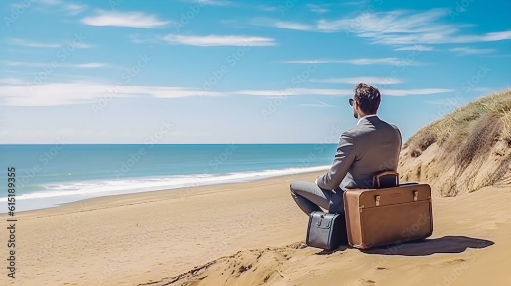 Businessman in suit sitting on the sand on the beach looking at the sea. Back to work and end of summer vacation. Generative ai.