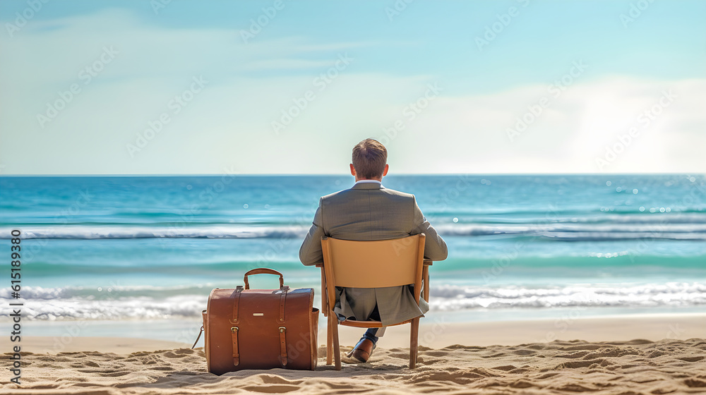 Fototapeta premium Businessman in a suit with a suitcase sitting on a chair on the beach looking out to sea. Holidays, end of summer vacation and back to work. Generative ai.
