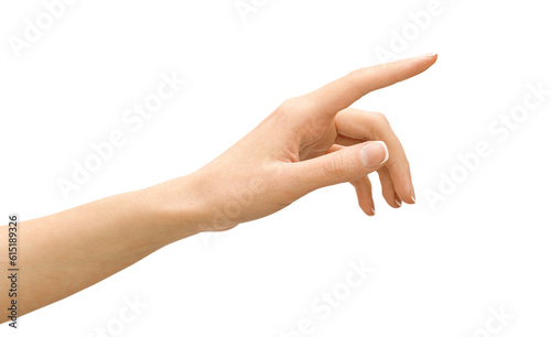 hand points to something with her index finger.on isolated white background photo