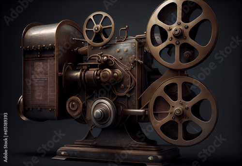 Old fashioned cinema film projector. AI generated.