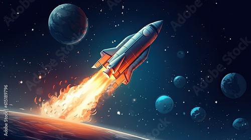 creative illustration of a rocket flying from earth into space. exploration and travel into space. Generative AI