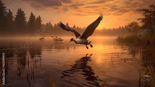 A Stunning Sunrise Over a Peaceful Lake with Majestic Geese in Flight