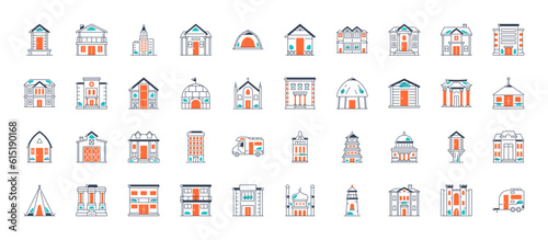Type of houses. Set of icons of big city buildings. Urban architecture. State institutions, religious and cultural monuments. Educational centers and residential