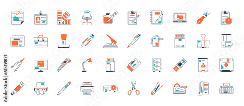 Office Material icons. glue, notebook, material, pen, scissors, stapler, ruler, eraser. Office tools and equipment vector set for education. Stationers shop accessories 
