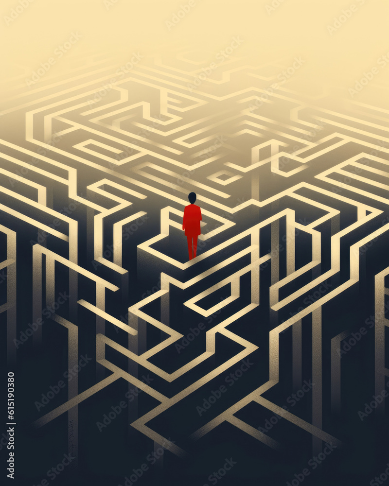 A person standing in a maze with no visible way out. Psychology art concept. AI generation A person standing in a maze with no visible way out. Psychology art concept. AI generation