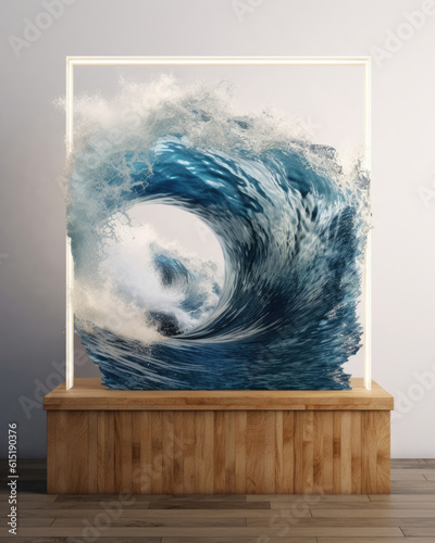 Precarious tsunami of waves. Minimalist mockup for podium display or showcase. AI generation