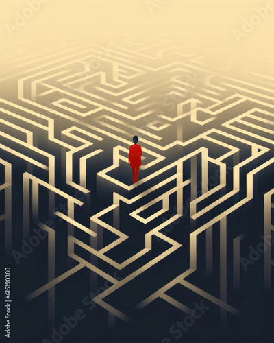 A person standing in a maze with no visible way out. Psychology art concept. AI generation