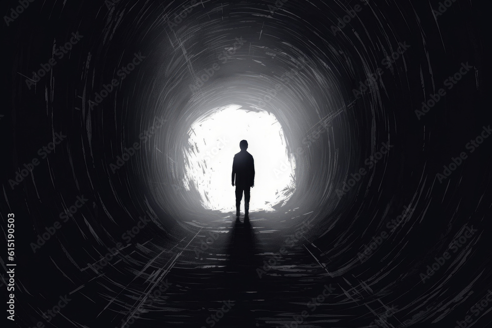 A person walking in a tunnel filled with darkness representing the feelings of depression that can come with Psychology art concept. AI generation