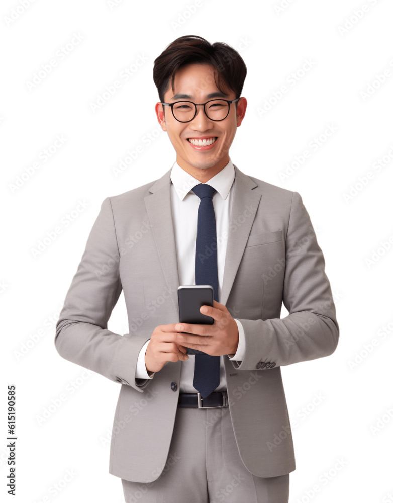 Portrait of a handsome asian businessman holding a phone in his hand. Isolated on transparent background. No background Portrait of a handsome asian businessman holding a phone in his hand. Isolated on transparent background. No background