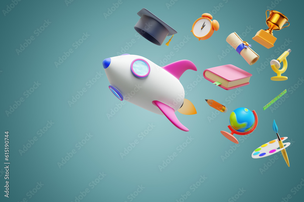 Back to school. Rocket launch, education icons collection. 3d rendering Back to school. Rocket launch, education icons collection. 3d rendering