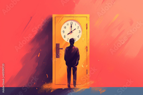 An ilration of a person in front of a door with a timer above counting down to when it opens and the caption Psychology art concept. AI generation photo