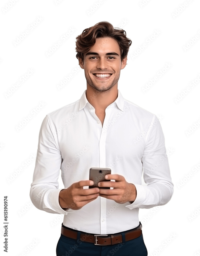 Portrait of a handsome brunette businessman holding a phone in his hand. Isolated on transparent background. No background Portrait of a handsome brunette businessman holding a phone in his hand. Isolated on transparent background. No background