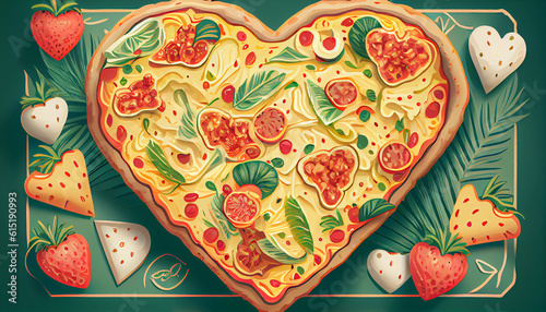 Pizza in the shape of a cartoon heart on a white background. AI generated.