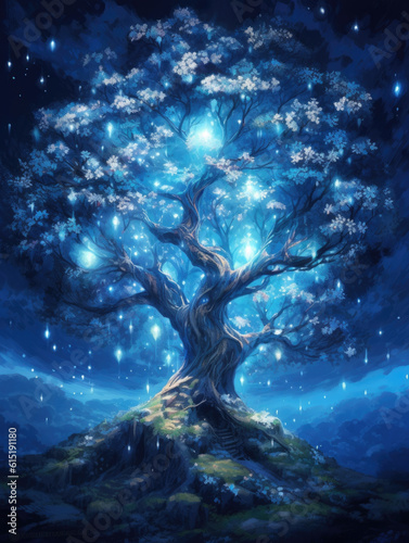 A magical tree with brilliant silver branches and glowing starfilled leaves that seem Fantasy art concept. AI generation