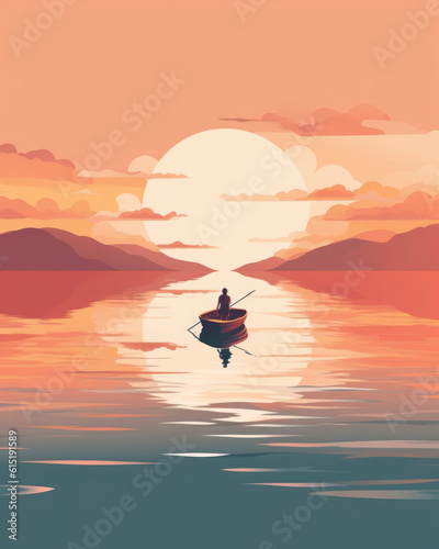 A person in a boat rowing with a big smile on their face as they look out towards the horizon. Psychology art concept. AI generation © Justlight