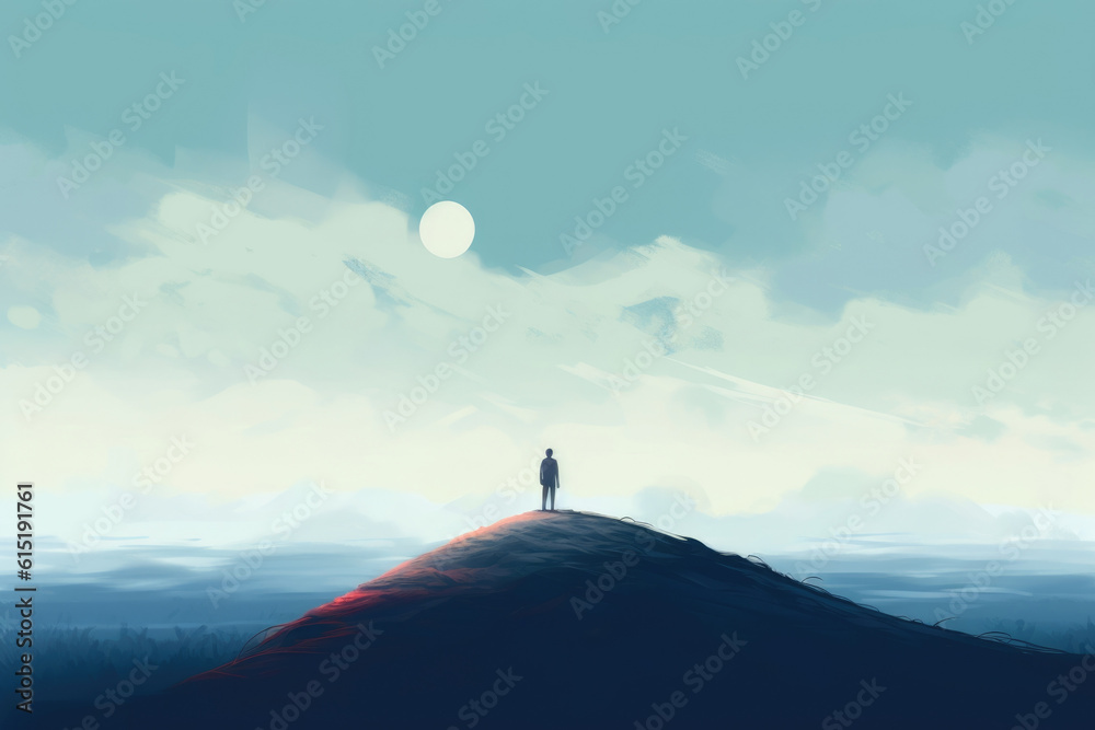 A person standing atop a hill looking out over a vast landscape with a hint of emptiness. Psychology art concept. AI generation