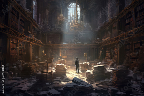 In a dusty old library a group of people their eyes lit with enchanted curiosity are Fantasy art concept. AI generation