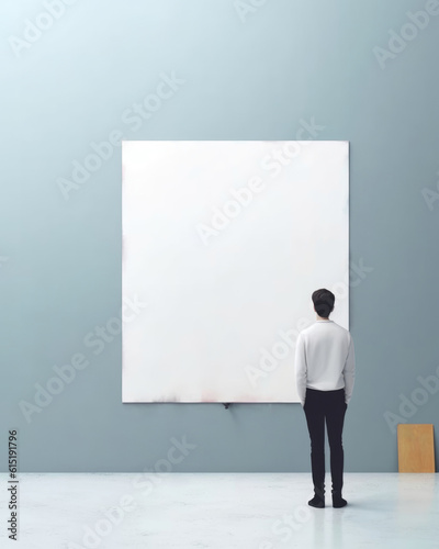 A person standing in front of a blank canvas unsure of what to paint. Psychology art concept. AI generation