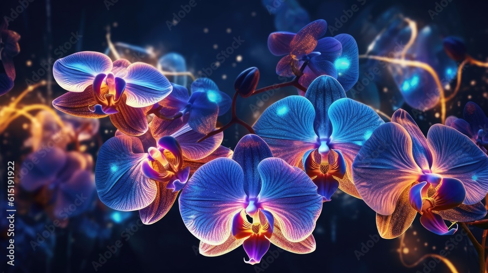 Blue orchids in a purple background with stars Blue orchids in a purple background with stars