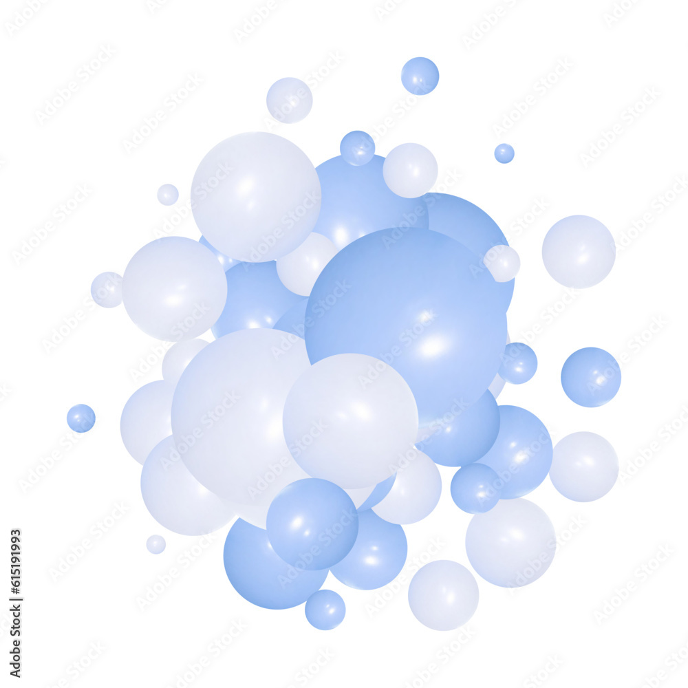 Scattered floating colored spheres on a vibrant background - 3D render. Blue and white balls. eps 10