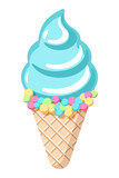 Ice cream with blue cream in a waffle cone with a bright sweet topping. Realistic. Vector illustration.
