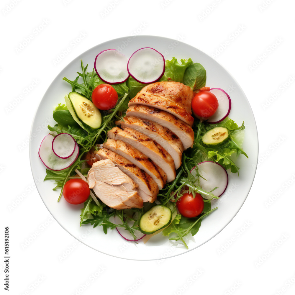 Chicken fillet with salad. Healthy food, keto diet, diet lunch concept. Top view on Transparent background Generative AI Chicken fillet with salad. Healthy food, keto diet, diet lunch concept. Top view on Transparent background Generative AI