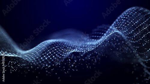 Abstract background grid. Data stream. Futuristic blue particle wave. 3d rendering.