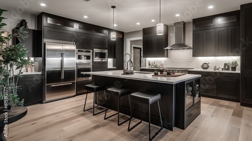 modern kitchen interior, natural lighting, dark theme, generative ai