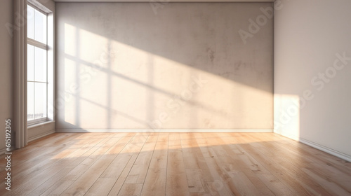 Empty room with a big window and a light on the wall. AI