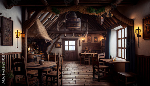 View of a cozy tavern, wooden decor. AI generated.