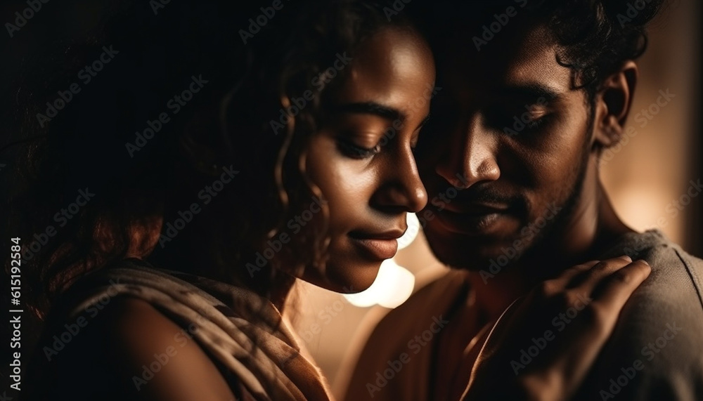 African and Caucasian couple embrace outdoors, enjoying love and happiness generated by AI African and Caucasian couple embrace outdoors, enjoying love and happiness generated by AI