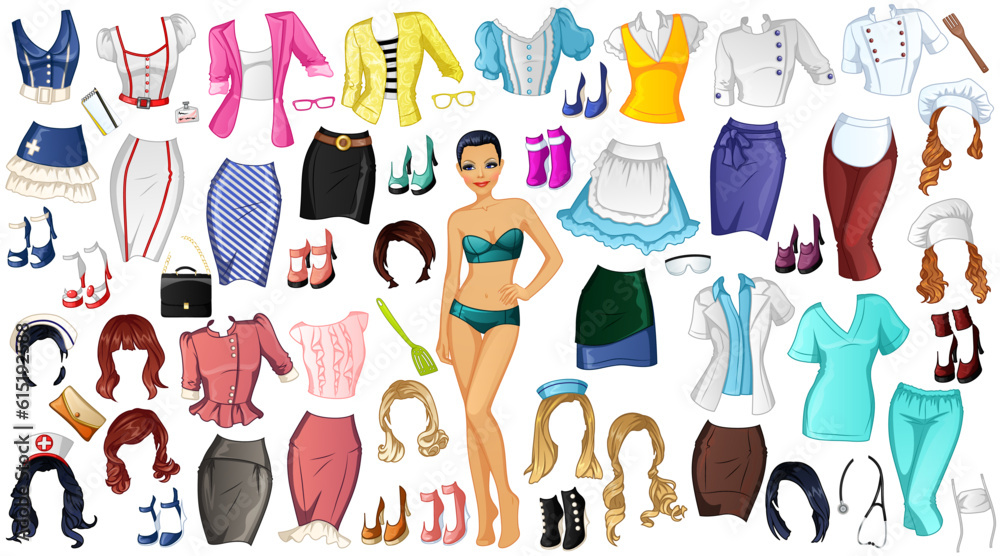 Career 2 Paper Doll with Nurse, Teacher, Waitress, Doctor, Politician and Housekeeper Outfits, Hairstyles and Accessories. Vector Illustration