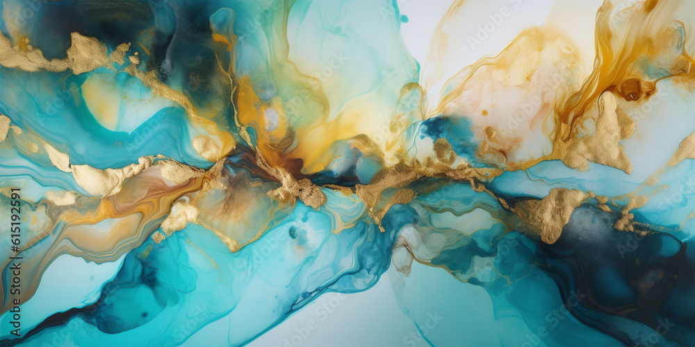 Abstract teal blue, gold and white alcohol ink art background. 